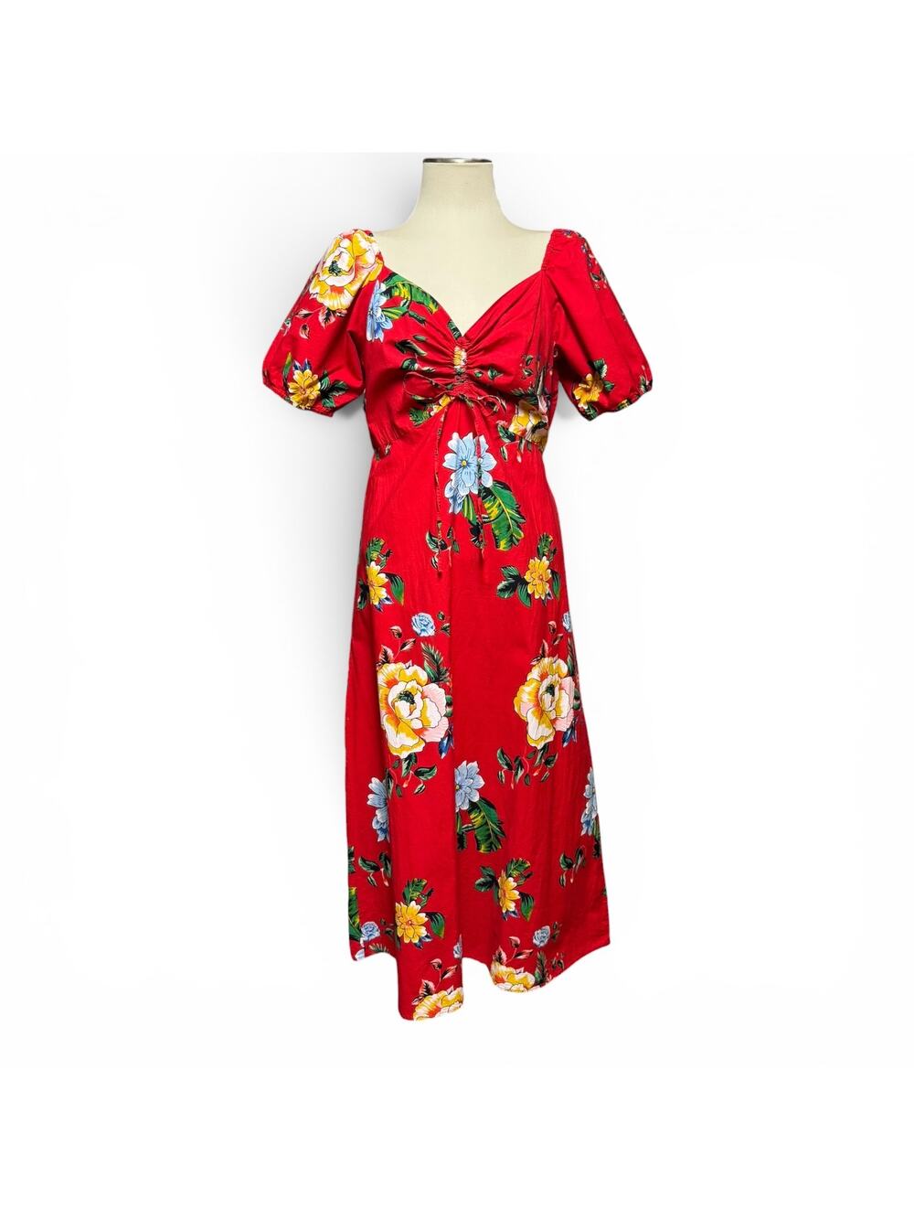 NAOO Cotton Short Sleeve Tropical Midi Dress Red Floral XL